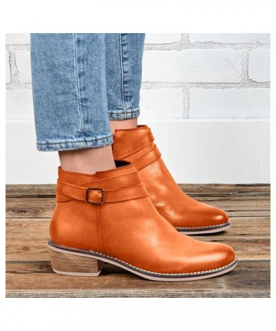 Boots For Women Fashion Casual Leather Round Toe Belt Wrapped Chunky Block Low Heels Ankle Booties Comfort Metal Buckle Mid C...