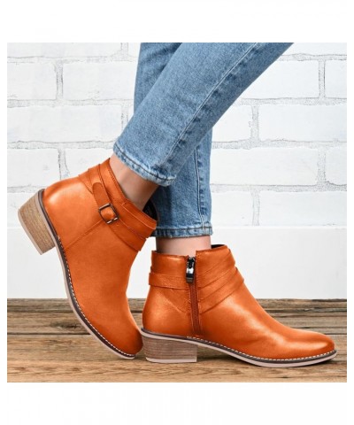 Boots For Women Fashion Casual Leather Round Toe Belt Wrapped Chunky Block Low Heels Ankle Booties Comfort Metal Buckle Mid C...