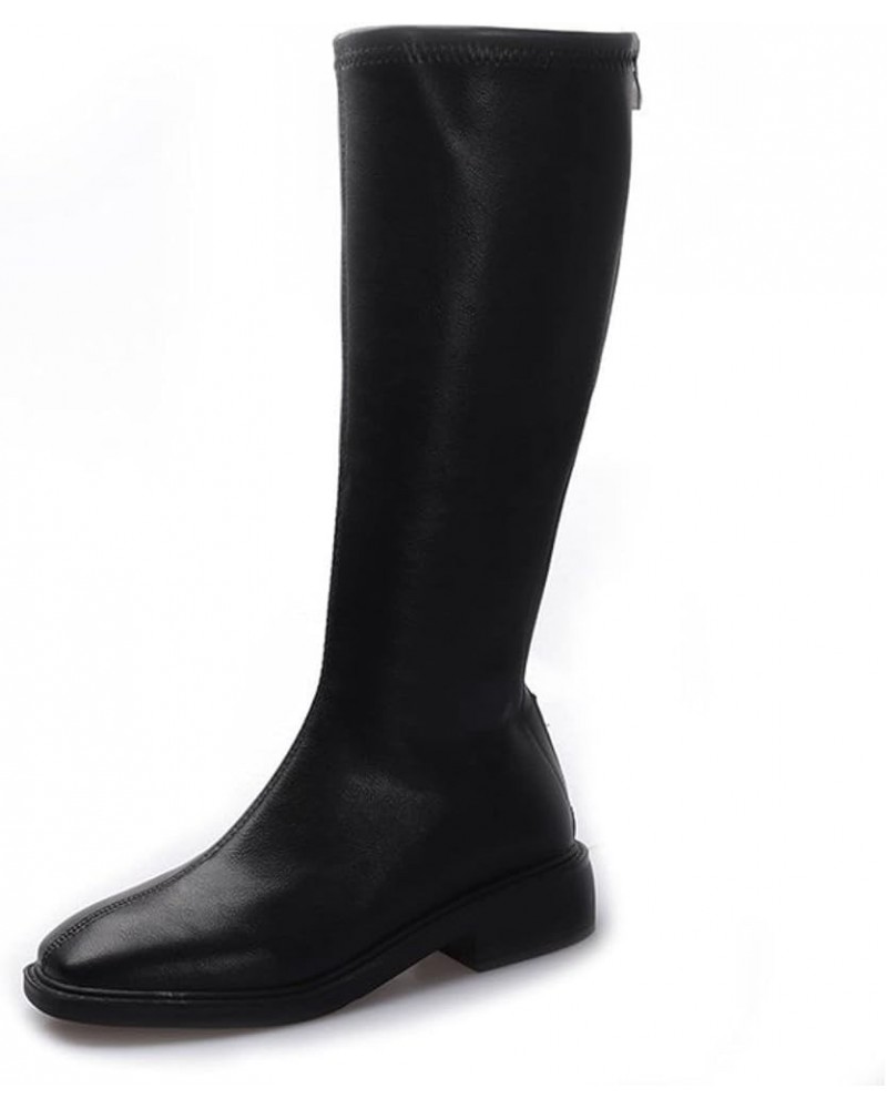 High Knee Boot for Women Slim Chunky Heels Stylish PU Leather Square Toe Back Zipper Cosy Soft Winter Boots Black $27.45 Boots