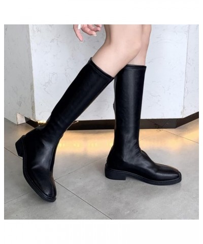 High Knee Boot for Women Slim Chunky Heels Stylish PU Leather Square Toe Back Zipper Cosy Soft Winter Boots Black $27.45 Boots