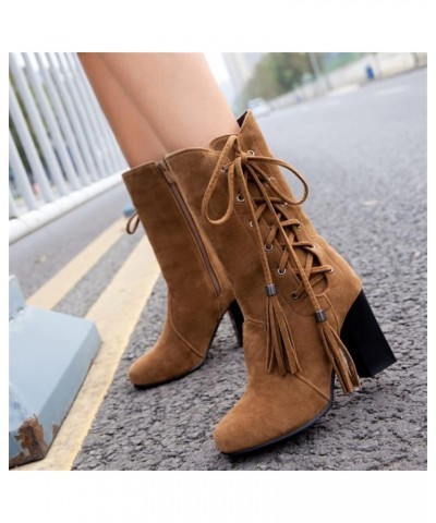 Womens Mid Calf Winter Boots Ladies Fashion Suede Tassel Strap Side Zipper Chunky High Heel Medium Boots Mid Calf Boots Brown...