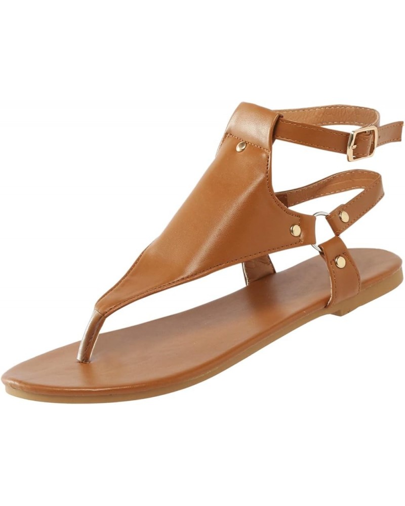 Sandals for Women Dressy Summer Beach Casual Sandals Womens Sandals Flip Flops Shoes Studded Flat Strappy Sandals Brown $13.0...