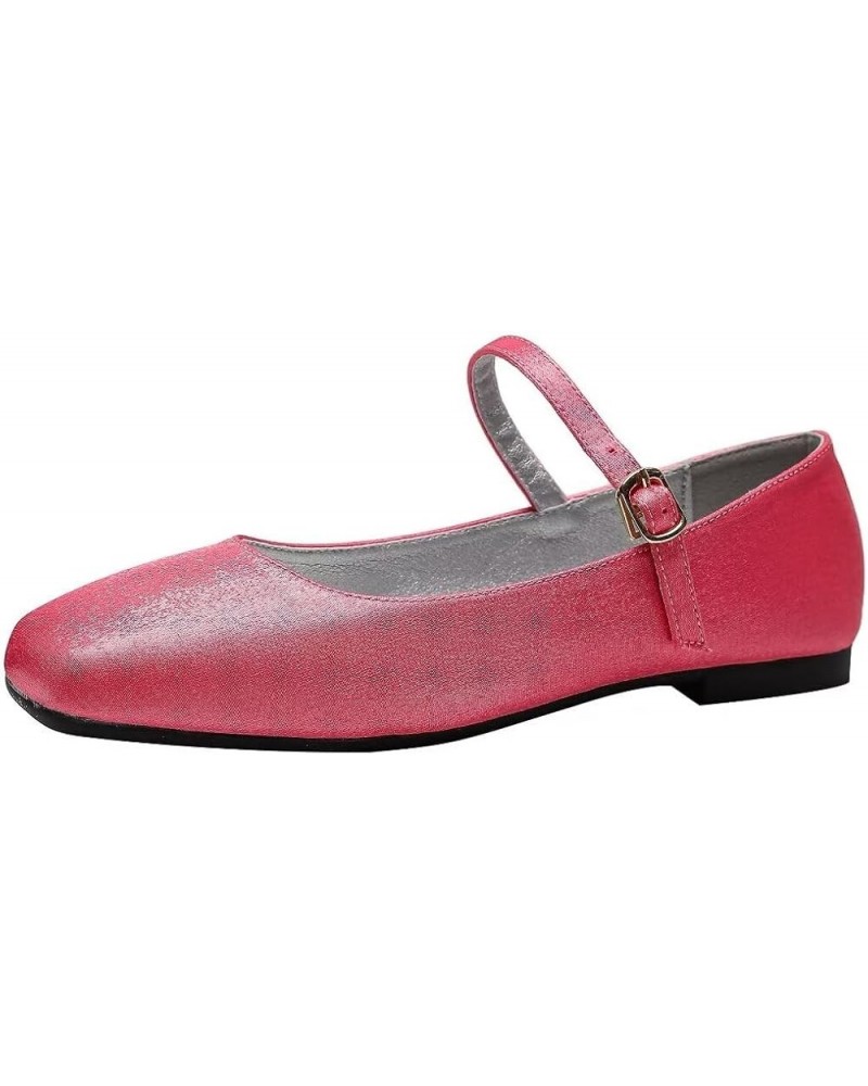 Women's Retro Square Toe Mary Jane Flats Comfortable One Line Strap Flats A Rose Red $17.10 Flats