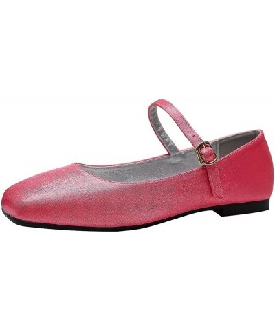 Women's Retro Square Toe Mary Jane Flats Comfortable One Line Strap Flats A Rose Red $17.10 Flats