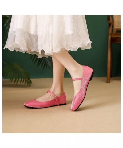 Women's Retro Square Toe Mary Jane Flats Comfortable One Line Strap Flats A Rose Red $17.10 Flats