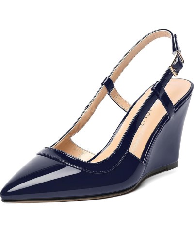 Womens Adjustable Strap Patent Solid Formal Work Buckle Pointed Toe Wedge High Heel Pumps Shoes 3.3 Inch Navy Blue $38.74 Pumps