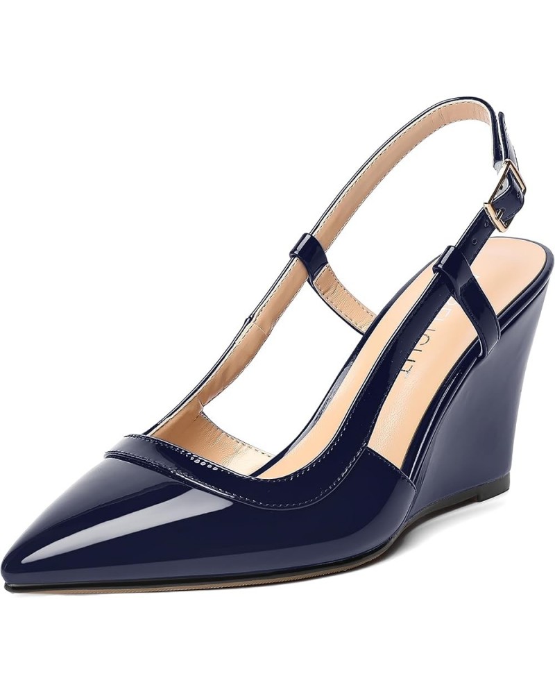 Womens Adjustable Strap Patent Solid Formal Work Buckle Pointed Toe Wedge High Heel Pumps Shoes 3.3 Inch Navy Blue $38.74 Pumps