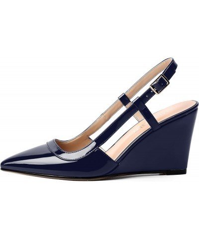 Womens Adjustable Strap Patent Solid Formal Work Buckle Pointed Toe Wedge High Heel Pumps Shoes 3.3 Inch Navy Blue $38.74 Pumps