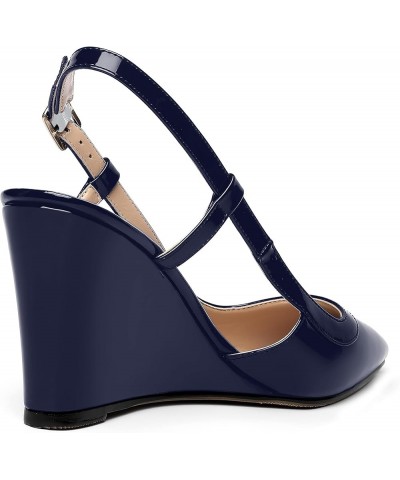 Womens Adjustable Strap Patent Solid Formal Work Buckle Pointed Toe Wedge High Heel Pumps Shoes 3.3 Inch Navy Blue $38.74 Pumps