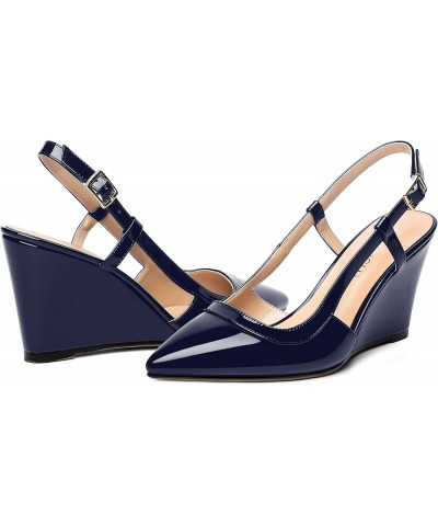 Womens Adjustable Strap Patent Solid Formal Work Buckle Pointed Toe Wedge High Heel Pumps Shoes 3.3 Inch Navy Blue $38.74 Pumps