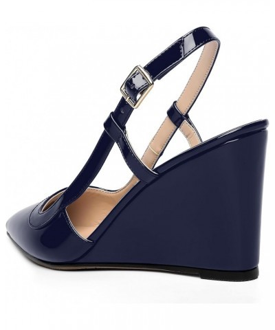 Womens Adjustable Strap Patent Solid Formal Work Buckle Pointed Toe Wedge High Heel Pumps Shoes 3.3 Inch Navy Blue $38.74 Pumps