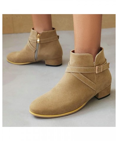 Womens Chunky Heel Ankle Boots Round Toe Low Heel Booties Side Zipper Cross Buckle Decoration Fashion Winter Shoes Ladies Bei...