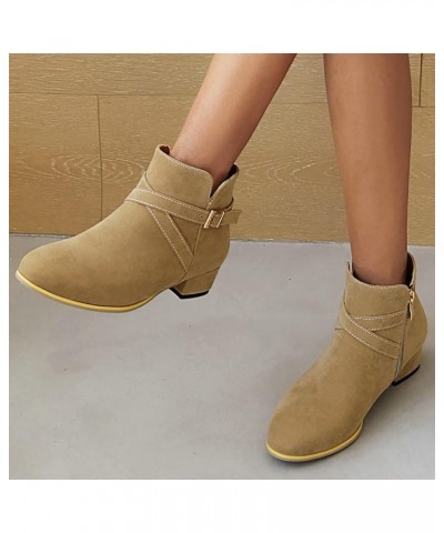 Womens Chunky Heel Ankle Boots Round Toe Low Heel Booties Side Zipper Cross Buckle Decoration Fashion Winter Shoes Ladies Bei...