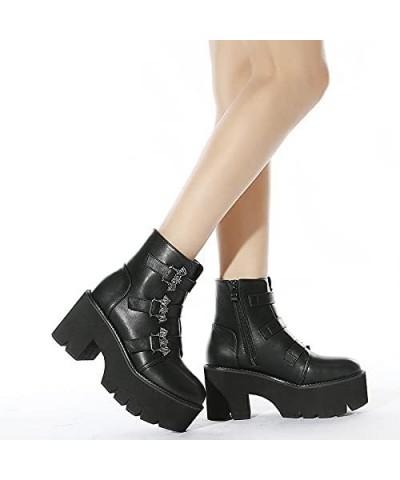 Women Chunky Shoes Block High Heels Plaftorm Gothic Booties 084 Black $33.40 Boots