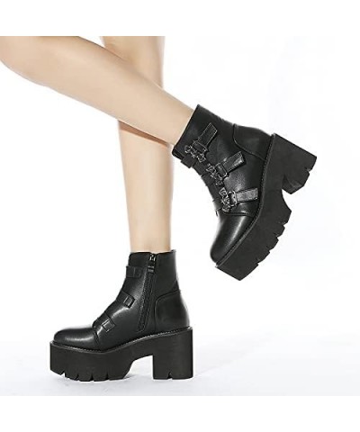 Women Chunky Shoes Block High Heels Plaftorm Gothic Booties 084 Black $33.40 Boots