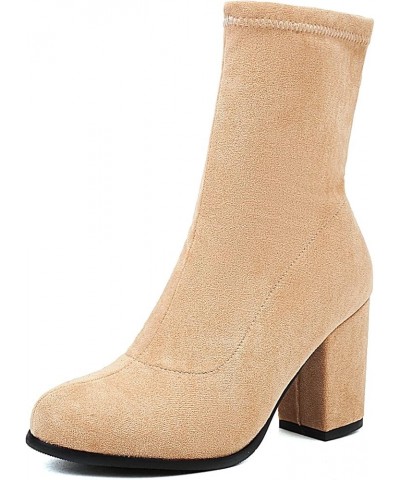 Women's Casual Solid Color Slip-on Sock Ankle Boots with Chunky Heel Apricot-1 $31.34 Boots