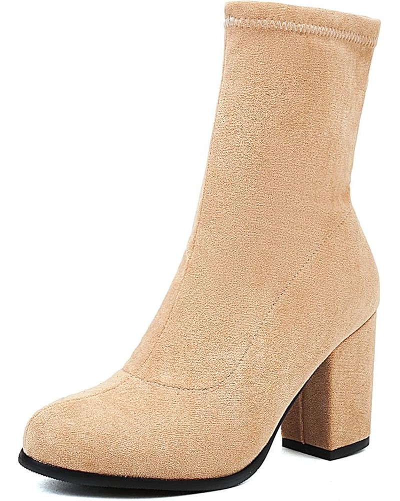 Women's Casual Solid Color Slip-on Sock Ankle Boots with Chunky Heel Apricot-1 $31.34 Boots