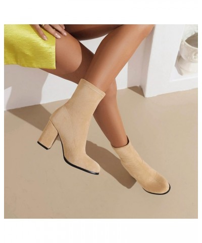 Women's Casual Solid Color Slip-on Sock Ankle Boots with Chunky Heel Apricot-1 $31.34 Boots