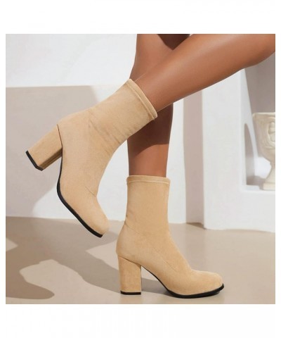 Women's Casual Solid Color Slip-on Sock Ankle Boots with Chunky Heel Apricot-1 $31.34 Boots