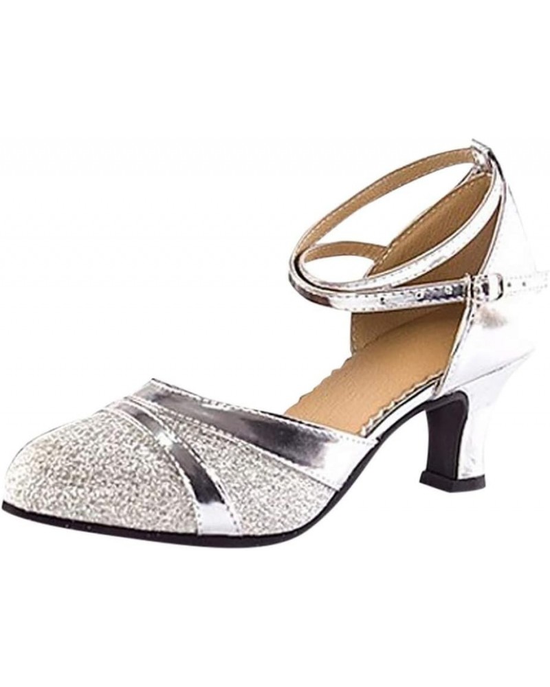 Rhinestone Sandals for Women,Women's Glitter Ankle Strap Closed Toe Kitten Heel Sandal Salsa Ballroom Shoes Silver $17.69 Out...