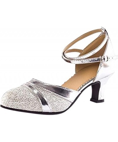 Rhinestone Sandals for Women,Women's Glitter Ankle Strap Closed Toe Kitten Heel Sandal Salsa Ballroom Shoes Silver $17.69 Out...