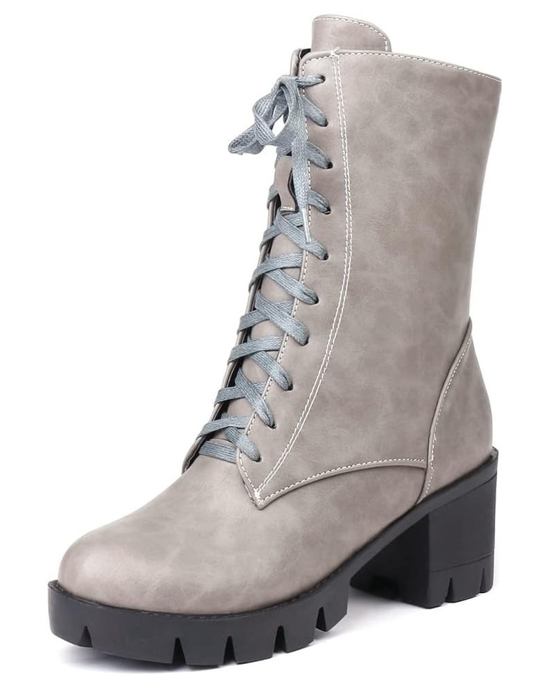 Women's Lace Up Dressy Ankle Booties Round Toe Platform Chunky Mid Heel Casual Combat Short Boots Gray Grey-fur Lined $34.79 ...