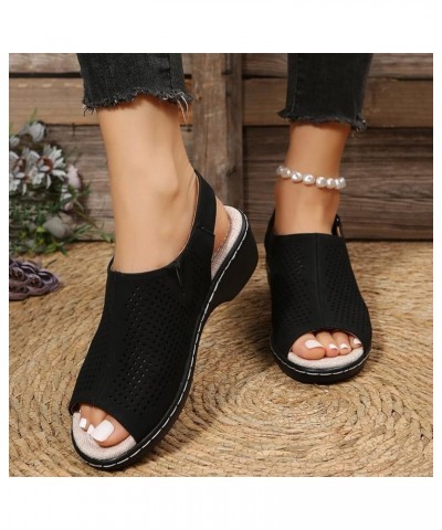 Swim Sandals Women Ladies Fashion Solid Hollow Leather Open Toe Hook Loop Wedge Heel Thick Soled Roman Sandals (Black, 8.5) B...