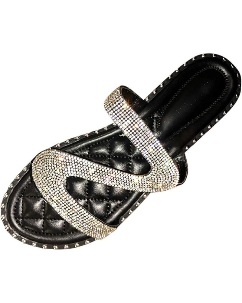 Silver Sandals Women Flat Black Sandal Women Dressy Open Toe Buckle Ankle Strap Sparkle Rhinestone Party Wedding Shoes 9 Blac...