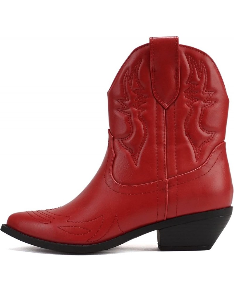 RIGGING ~ Women Western Stitched Pointe Toe Low Heel Ankle Mid Shaft Boots Red Pu $17.42 Boots