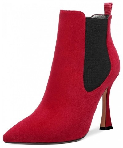 Womens Suede Sexy Work Pointed Toe Bungee Spool High Heel Ankle High Boots 4 Inch Red Black $46.33 Boots