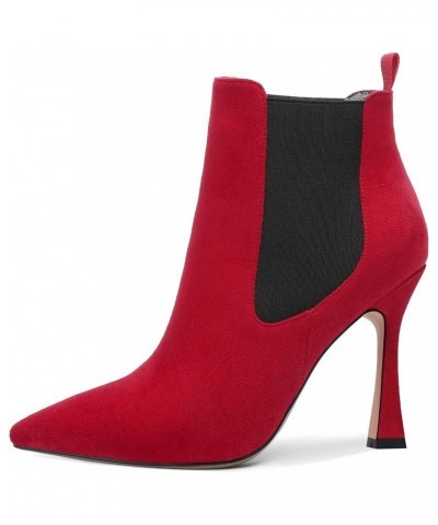 Womens Suede Sexy Work Pointed Toe Bungee Spool High Heel Ankle High Boots 4 Inch Red Black $46.33 Boots