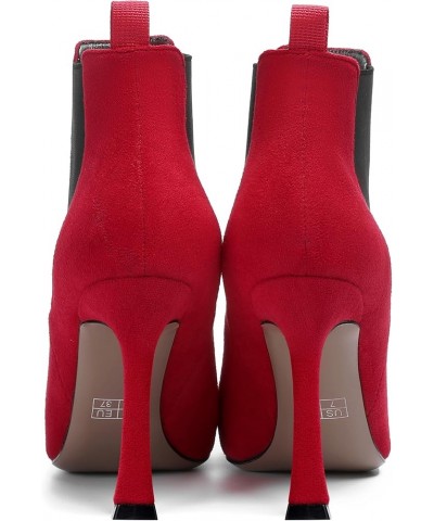 Womens Suede Sexy Work Pointed Toe Bungee Spool High Heel Ankle High Boots 4 Inch Red Black $46.33 Boots