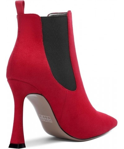 Womens Suede Sexy Work Pointed Toe Bungee Spool High Heel Ankle High Boots 4 Inch Red Black $46.33 Boots