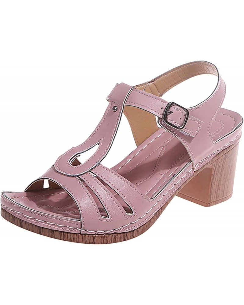 Womens Square Heels Breathable Peep Toe Sandals Buckle Strap Beach Sandals block heel sandals Pink $15.77 Sandals