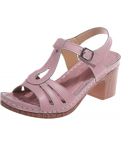 Womens Square Heels Breathable Peep Toe Sandals Buckle Strap Beach Sandals block heel sandals Pink $15.77 Sandals