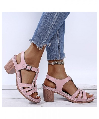 Womens Square Heels Breathable Peep Toe Sandals Buckle Strap Beach Sandals block heel sandals Pink $15.77 Sandals