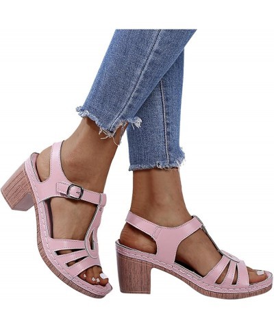 Womens Square Heels Breathable Peep Toe Sandals Buckle Strap Beach Sandals block heel sandals Pink $15.77 Sandals