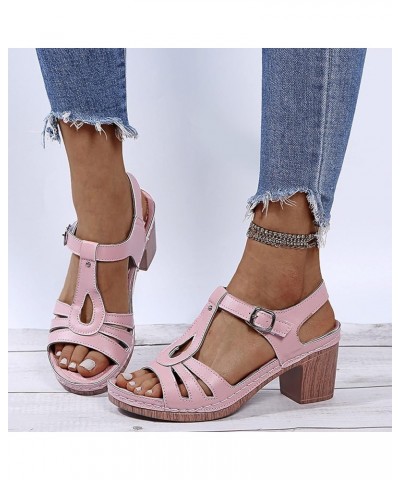 Womens Square Heels Breathable Peep Toe Sandals Buckle Strap Beach Sandals block heel sandals Pink $15.77 Sandals