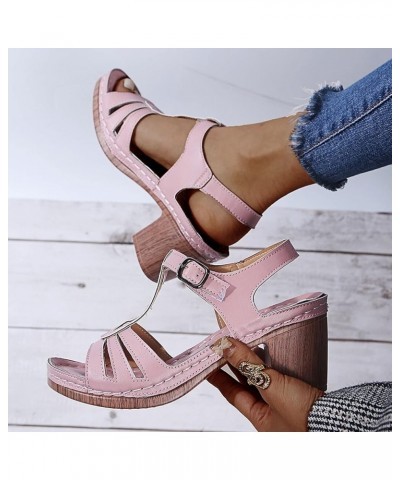 Womens Square Heels Breathable Peep Toe Sandals Buckle Strap Beach Sandals block heel sandals Pink $15.77 Sandals