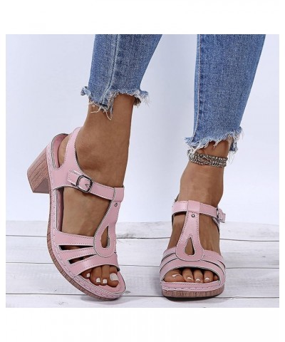 Womens Square Heels Breathable Peep Toe Sandals Buckle Strap Beach Sandals block heel sandals Pink $15.77 Sandals