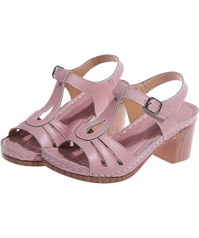 Womens Square Heels Breathable Peep Toe Sandals Buckle Strap Beach Sandals block heel sandals Pink $15.77 Sandals