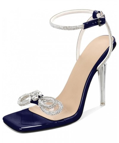 Women's Clear Heeled Sandals with Rhinstone Bow Open Toe Strappy Stiletto High Heel 4 Inch Dress Shoes Patent Navy $20.50 San...