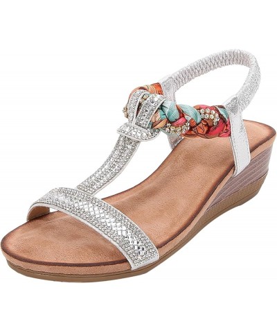 Bohemian Style T Line With Rhinestone Wedge Heel Sandals Oversized Sandals Tie Sandals for Women Flat Silver $17.02 Outdoor S...