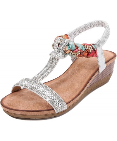 Bohemian Style T Line With Rhinestone Wedge Heel Sandals Oversized Sandals Tie Sandals for Women Flat Silver $17.02 Outdoor S...