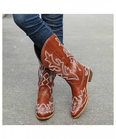 Women's Fashion Embroidered Square Heel Solid Color Fringe Retro High Boots Shoes Plain Cowboy Boots Women 3-brown $34.01 Boots