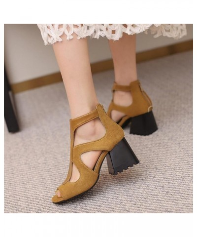 Ladies Flock Leather Stitching Hollowed Fish Mouth Thick High Heels Non Slip Back Zippered Wedges for Women Yellow 8.5 $26.96...