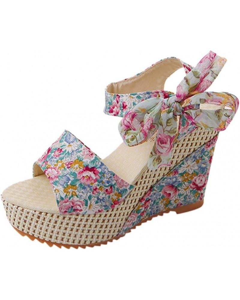 Cute Sandals for Women,Women's Espadrille Peep Toe Bow Lace Up Strap Wedge Platform Sandals Sandals Women Blue $13.93 Sandals