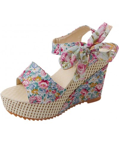 Cute Sandals for Women,Women's Espadrille Peep Toe Bow Lace Up Strap Wedge Platform Sandals Sandals Women Blue $13.93 Sandals