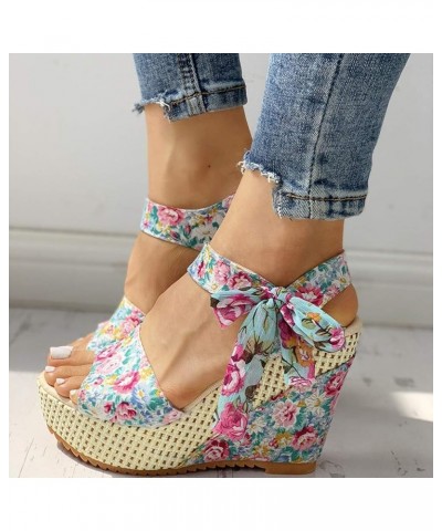 Cute Sandals for Women,Women's Espadrille Peep Toe Bow Lace Up Strap Wedge Platform Sandals Sandals Women Blue $13.93 Sandals