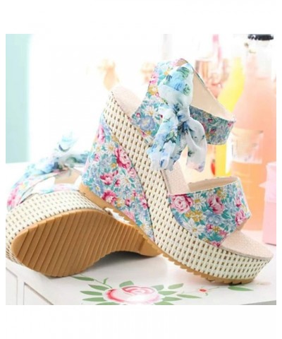 Cute Sandals for Women,Women's Espadrille Peep Toe Bow Lace Up Strap Wedge Platform Sandals Sandals Women Blue $13.93 Sandals